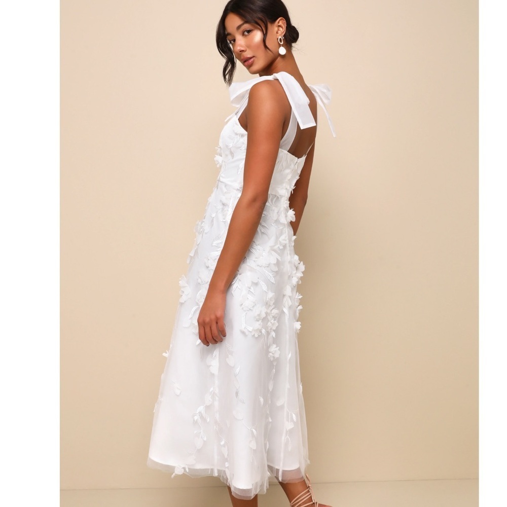 Lulus Effortlessly Sweet White Tulle 3D Floral Tie-Strap Midi Dress White M - Picture 4 of 8